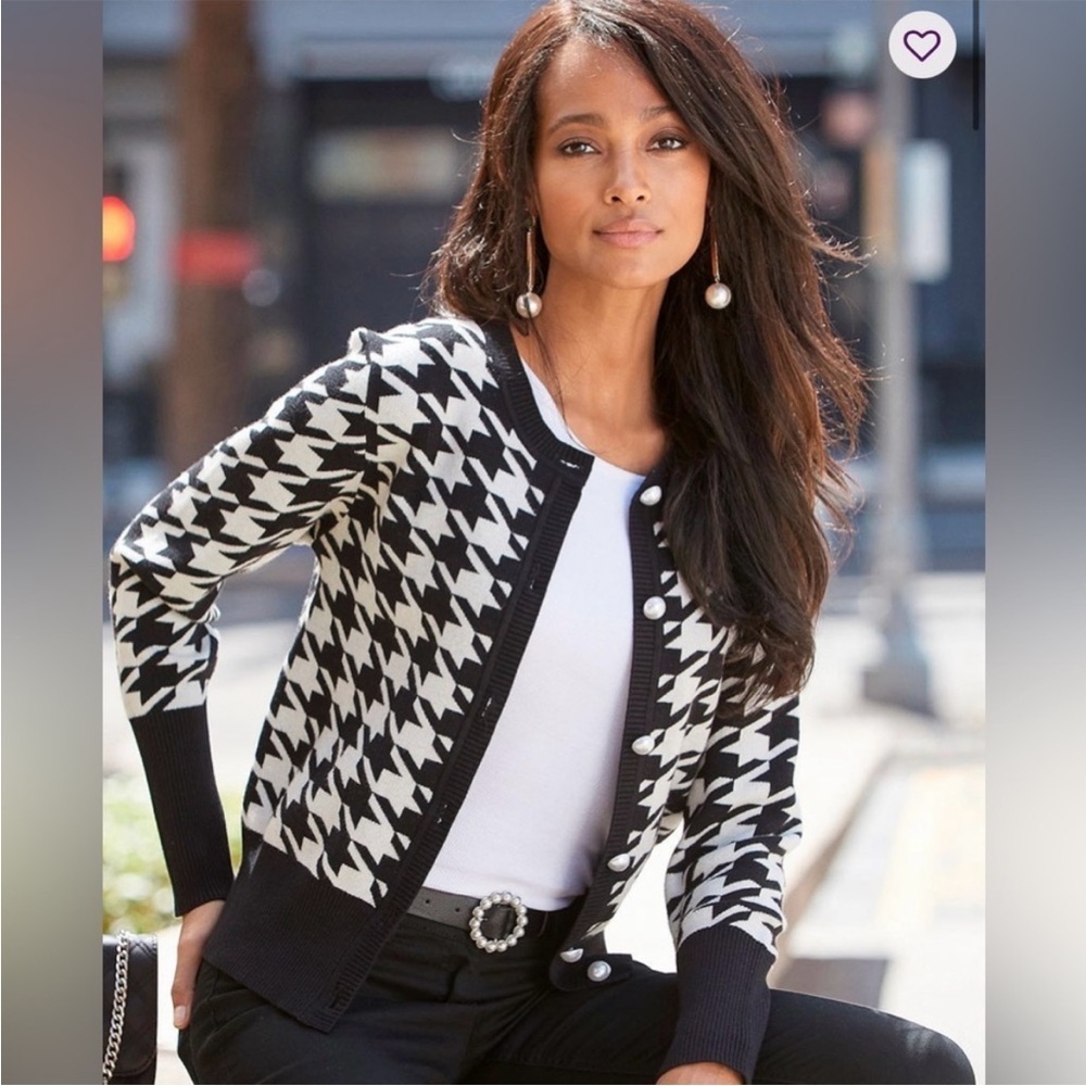 Lascana Sweater Cardigan Black White Houndstooth Womens Small 4/6